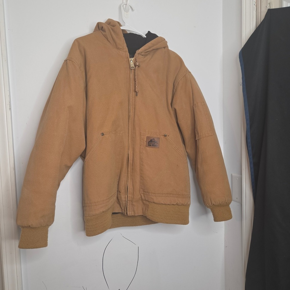 Old Mill Mens Brown Canvas Hooded Work Jacket Quilted Lined Bomber Coat Size M